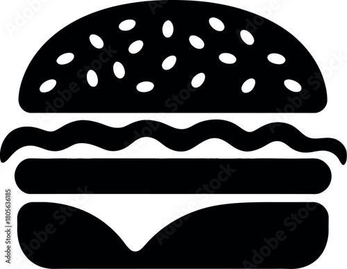 Black burger icon with sesame seeds hamburger white