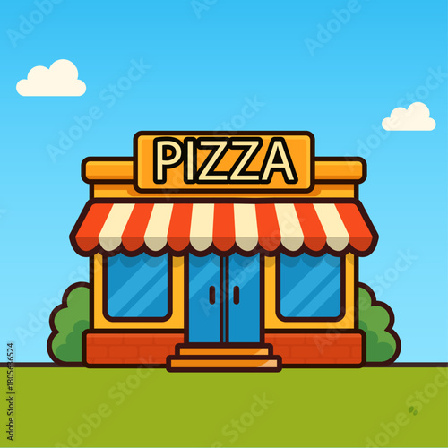 Cartoon pizza shop building with striped awning and big sign