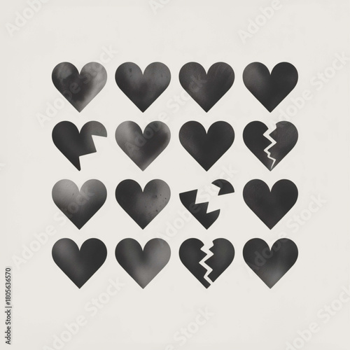 Emotional Palette of Hearts: A collection of heart illustrations, some whole, others fragmented, each conveying a unique aspect of love, loss, and resilience.