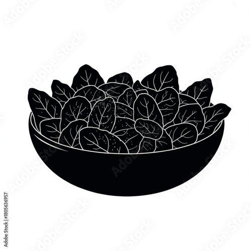 Black salad bowl with spinach leaves vector