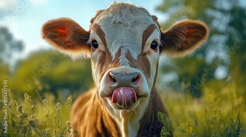 Fototapeta Naklejka Na Ścianę i Meble -  Curious brown and white calf in sunlit meadow sticking out its tongue, playful gentle close-up portrait