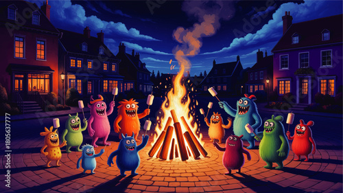 Cute colorful monsters roasting marshmallows at cozy night bonfire party in suburban neighborhood, fun children’s Halloween illustration