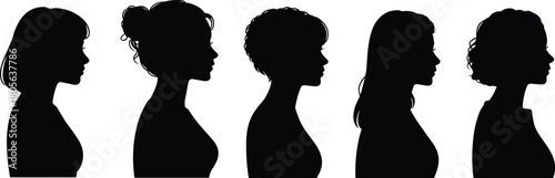 Black silhouette profiles of diverse hairstyles, side view, fashion concept, identity illustration, hairstyle diversity, graphic design, vector art