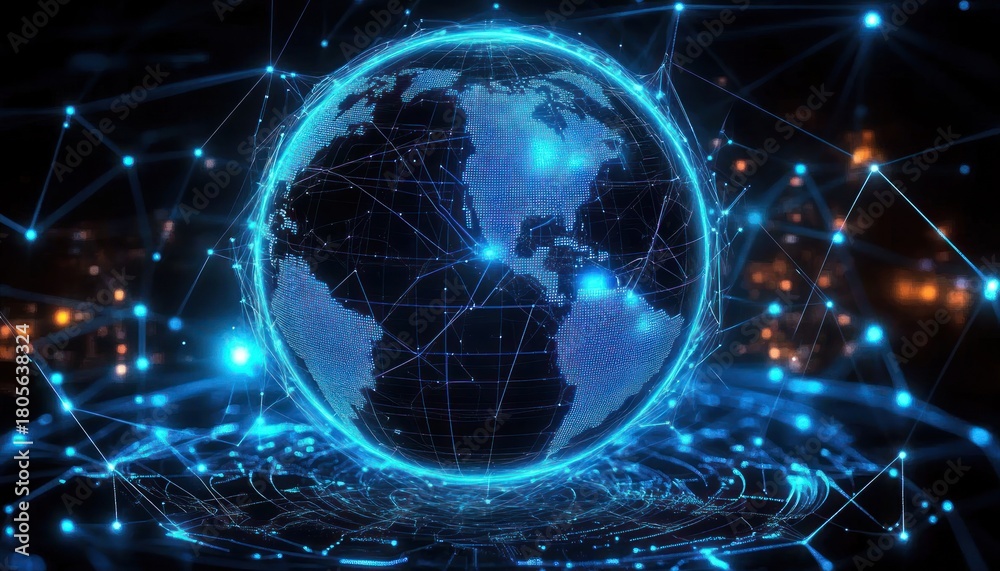Obraz premium glowing blue holographic globe with interconnected nodes and lines hovering above a circular data grid, conveying futuristic global connectivity and dynamic energy