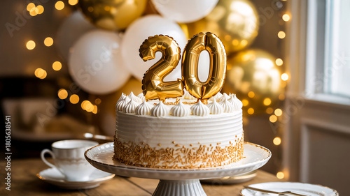 A birthday cake with number 20 candles surrounded by gold celebration balloons