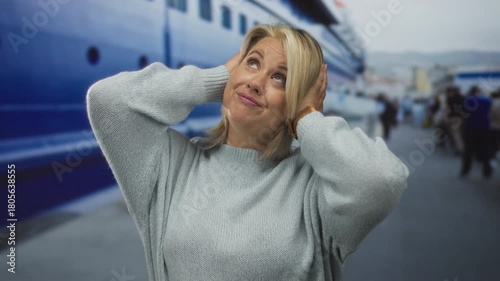Blonde woman wearing a grey sweater covers ears with both hands beside a docked boat on street; irritation.
