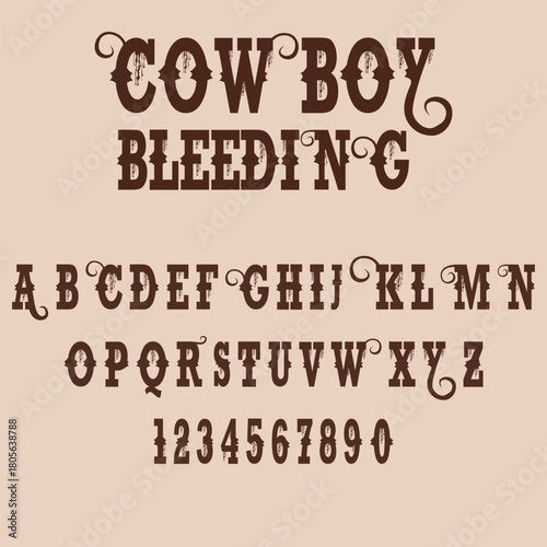 Cowboy Bleeding Decorative Font features a bold Western style with dramatic bleeding effects. Perfect for horror, cowboy, vintage, and edgy design projects needing standout typography.