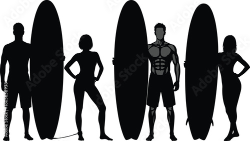 Surfing silhouettes vector, four surfers with longboards, beach culture, surfboard leashes, athletic male figure, female surfers, minimalist black white artwork