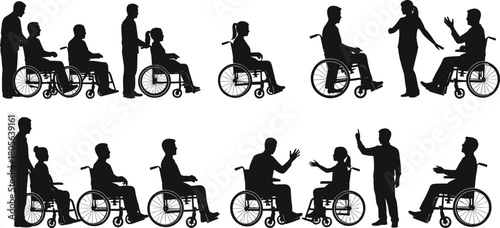 Wheelchair user interaction silhouettes, inclusive communication and assistance scenes, black vector icons for disability awareness, accessibility, support, social connection