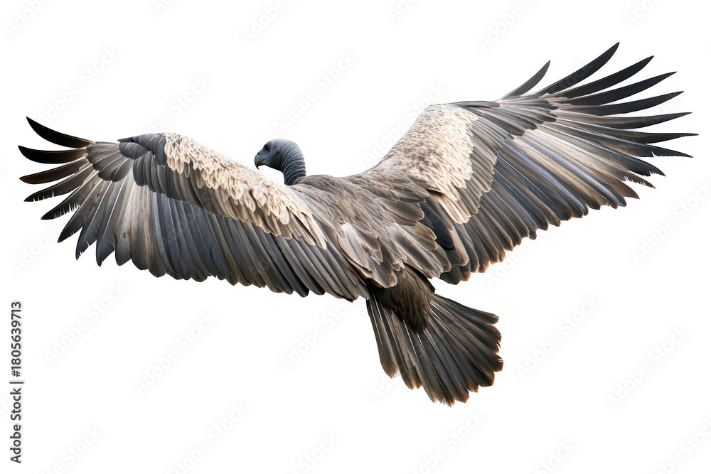 Obraz premium Majestic vulture soaring gracefully with outstretched wings against a clean white background. its impressive feathers and powerful build. ideal for wildlife and nature photography