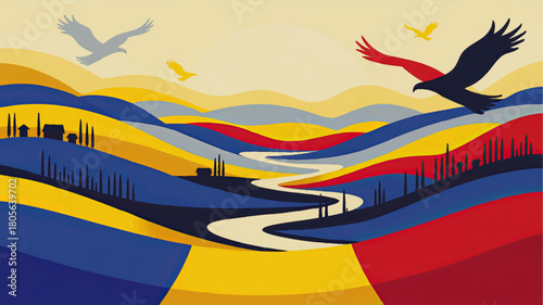 Colorful abstract landscape with flying eagles over rolling hills, winding river, sunset sky and modern countryside illustration