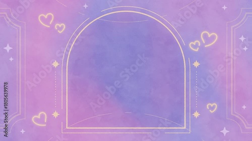 窓の形のフレームと手描き風のハートが並ぶ、ファンシーでメルヘンチックなかわいい背景/パープル