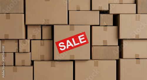 Stacked shipping boxes with a prominent red 'SALE' sign, symbolizing Boxing Day discounts and post-holiday consumer shopping events