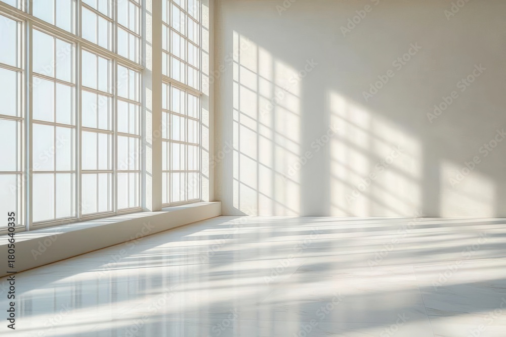 Obraz premium sunlit empty interior with large grid windows casting soft geometric shadows and reflective floor, calm serene atmosphere
