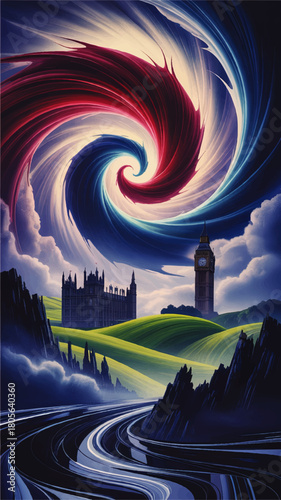 Surreal London landscape with Big Ben, swirling cosmic vortex sky and futuristic neon river in vibrant fantasy art