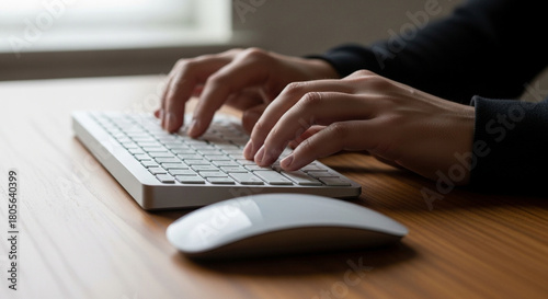 Close up of hands typing on a white keyboard on a wooden desk