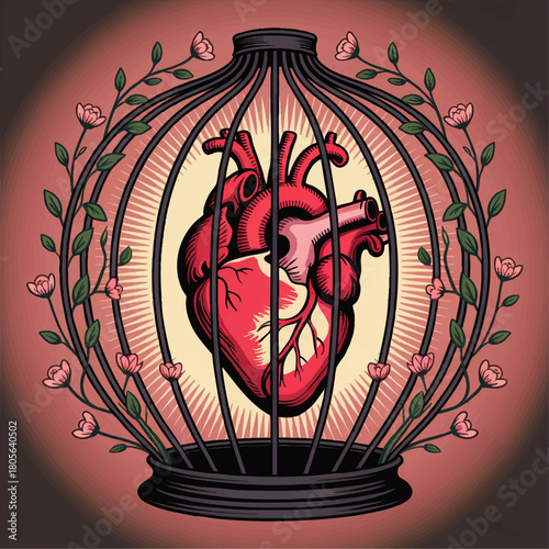 Caged human heart illustration with flowers and vines, emotional love concept art, surreal vintage tattoo style vector design