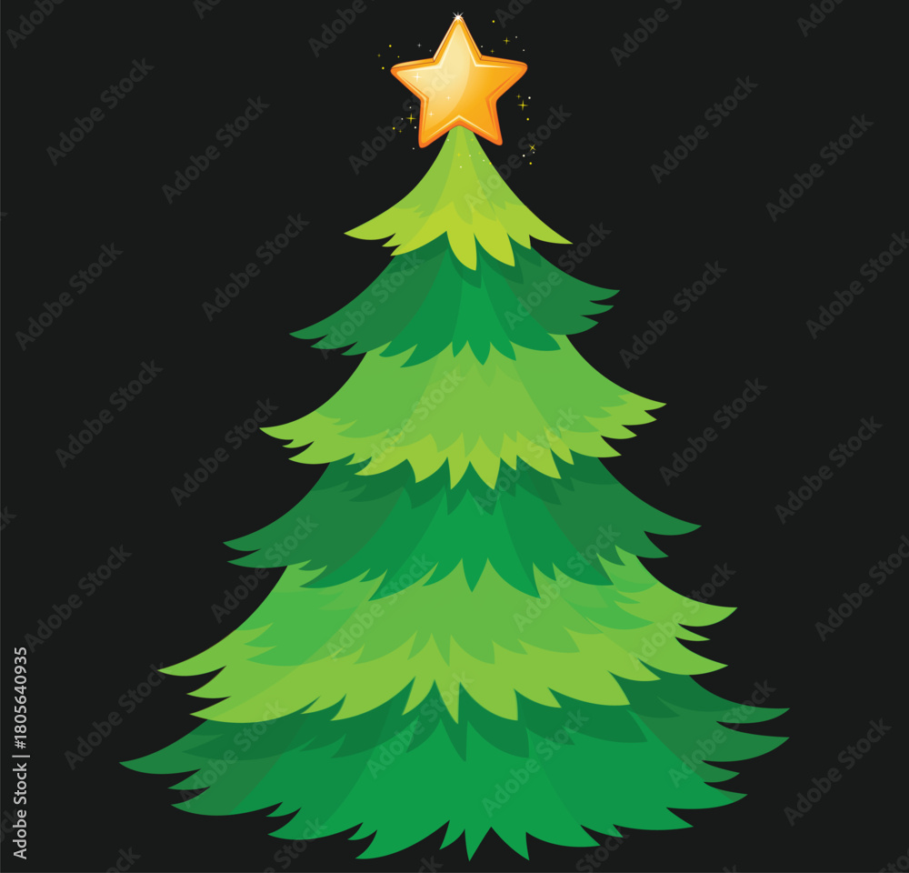 Obraz premium Stylized Christmas Tree with Shining Golden Star Topper on a Dark Background, a Festive Holiday or Xmas Decoration Symbol