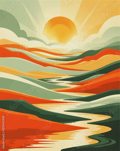 Abstract sunrise landscape with winding river, warm orange and green hills, modern minimalist nature illustration background