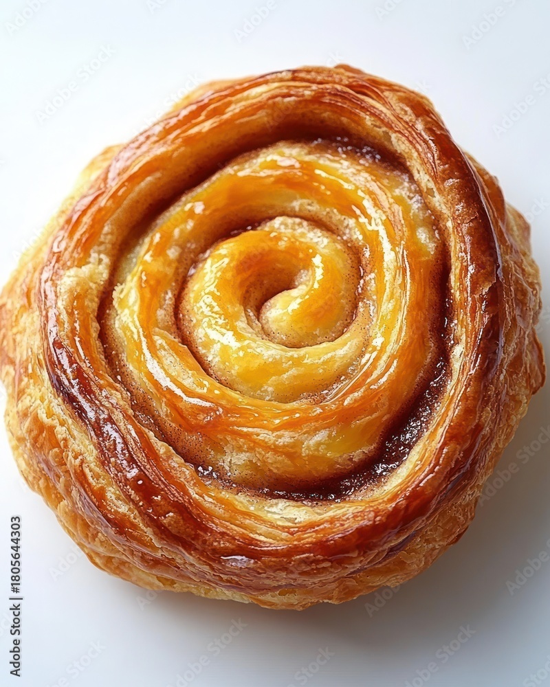 Fototapeta premium golden flaky spiral pastry with glossy caramelized glaze, warm and inviting