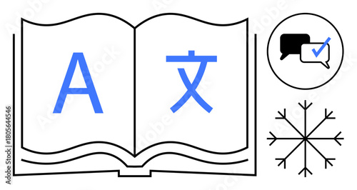 Open book showcasing multilingual characters and communication icons, representing translation, language learning, and global communication. Ideal for education, technology, linguistics, global