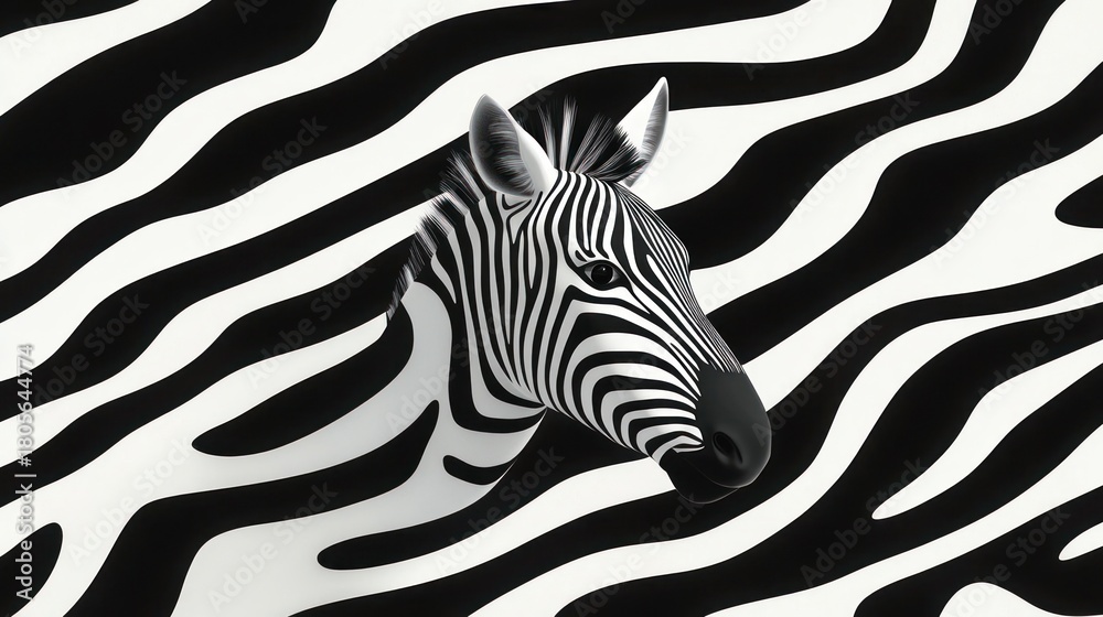 Fototapeta premium Zebra head emerging from matching black and white striped background, striking high-contrast pattern and calm attentive expression