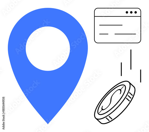 Blue location marker symbolizing navigation, payment coin, and browser window. Ideal for finance, digital economy, location services, navigation, technology online business and commerce. Simple