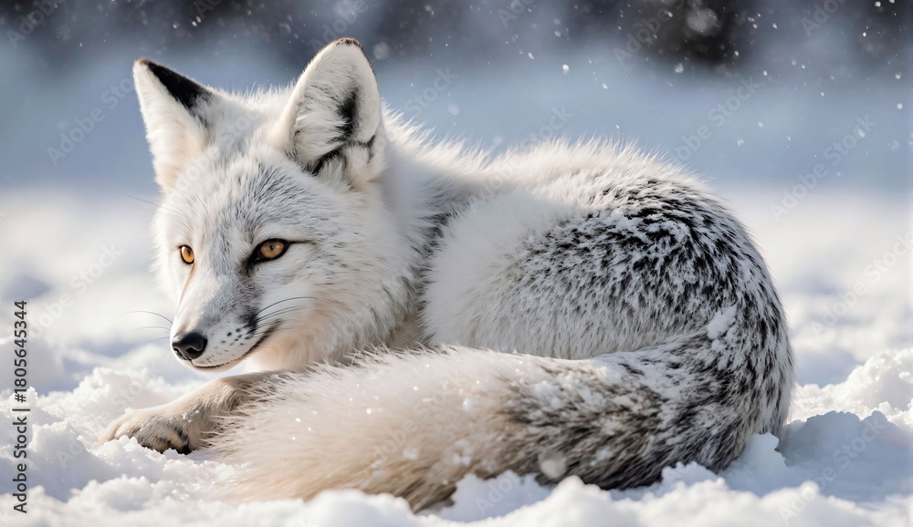 Fototapeta premium Arctic fox curled in snow - ultra realistic photo