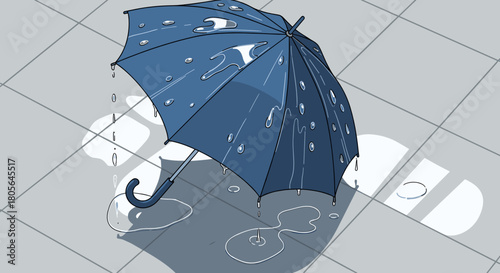 Wet umbrella on tiles with puddles for rainy weather concept and autumn season background