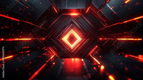 Fototapeta Naklejka Na Ścianę i Meble -  Glowing red-orange diamond core in a dark metallic geometric tunnel with neon lines, floating sparks and an intense futuristic atmosphere