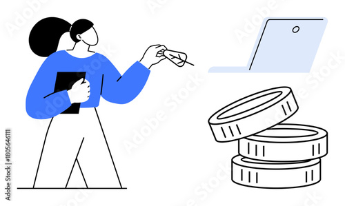 Woman standing in thoughtful pose holding glasses and notebook, coins stacked nearby, laptop visible Ideal for finance, budgeting, investment, business planning, saving, decision-making, simple flat