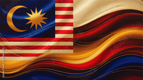 Malaysia flag abstract wave background, golden crescent and star, patriotic red blue stripes, national day celebration illustration