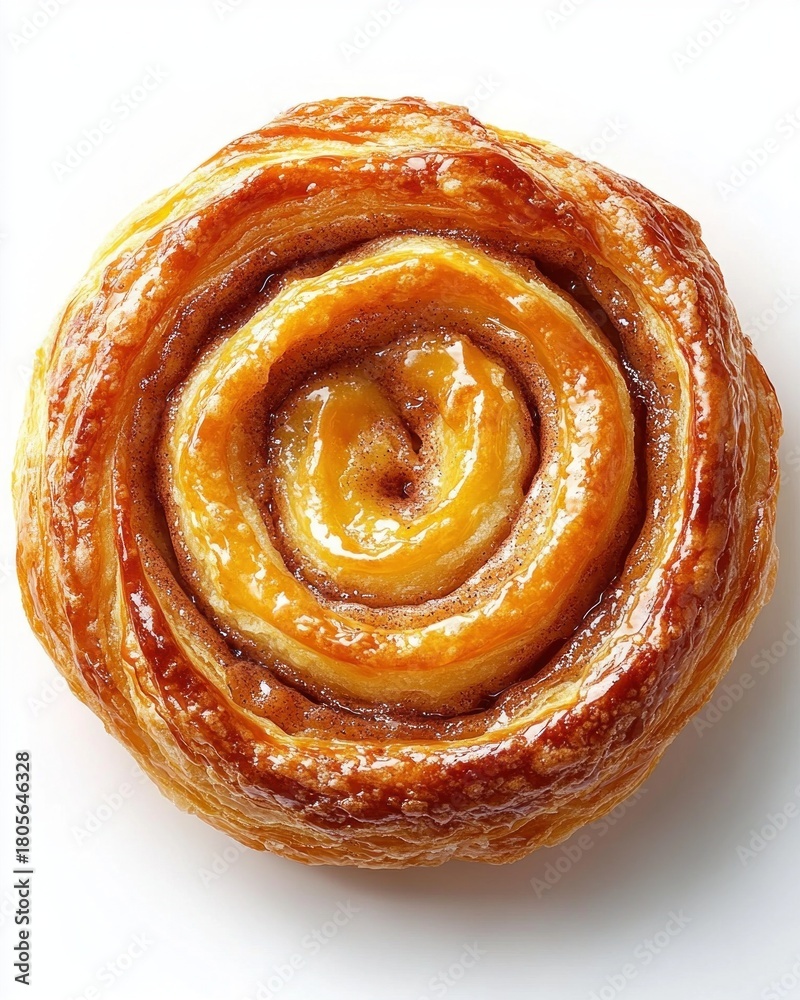 Fototapeta premium golden glazed spiral pastry with flaky concentric layers and caramelized glossy sheen on white background, warm inviting and indulgent