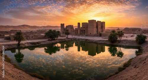 Ancient citadel mirroring sunset hues in desert oasis a timeless historical canvas