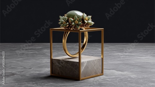 Elegant Ring on Display: Exquisite close-up of a luxurious ring with intricate details, showcasing its fine craftsmanship and precious materials on a modern, minimalist display stand.