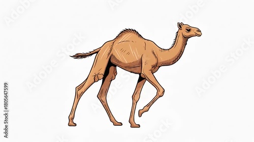 Animated Camel Walking on White Background, Cartoon Style Illustration