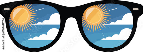 Black vector sunglasses reflecting a bright sunny sky with fluffy white clouds on a dark background