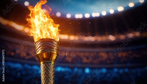 golden ceremonial torch burning with bright flame in a packed illuminated stadium, evoking triumph and celebration
