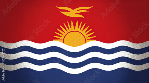 Kiribati flag illustration with golden frigatebird, sunrise and blue ocean waves on textured red background