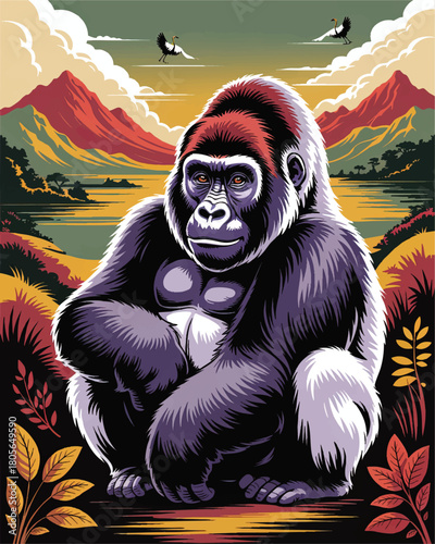 Majestic gorilla illustration in colorful African landscape, retro wildlife art of sitting ape with mountains, lake and tropical foliage