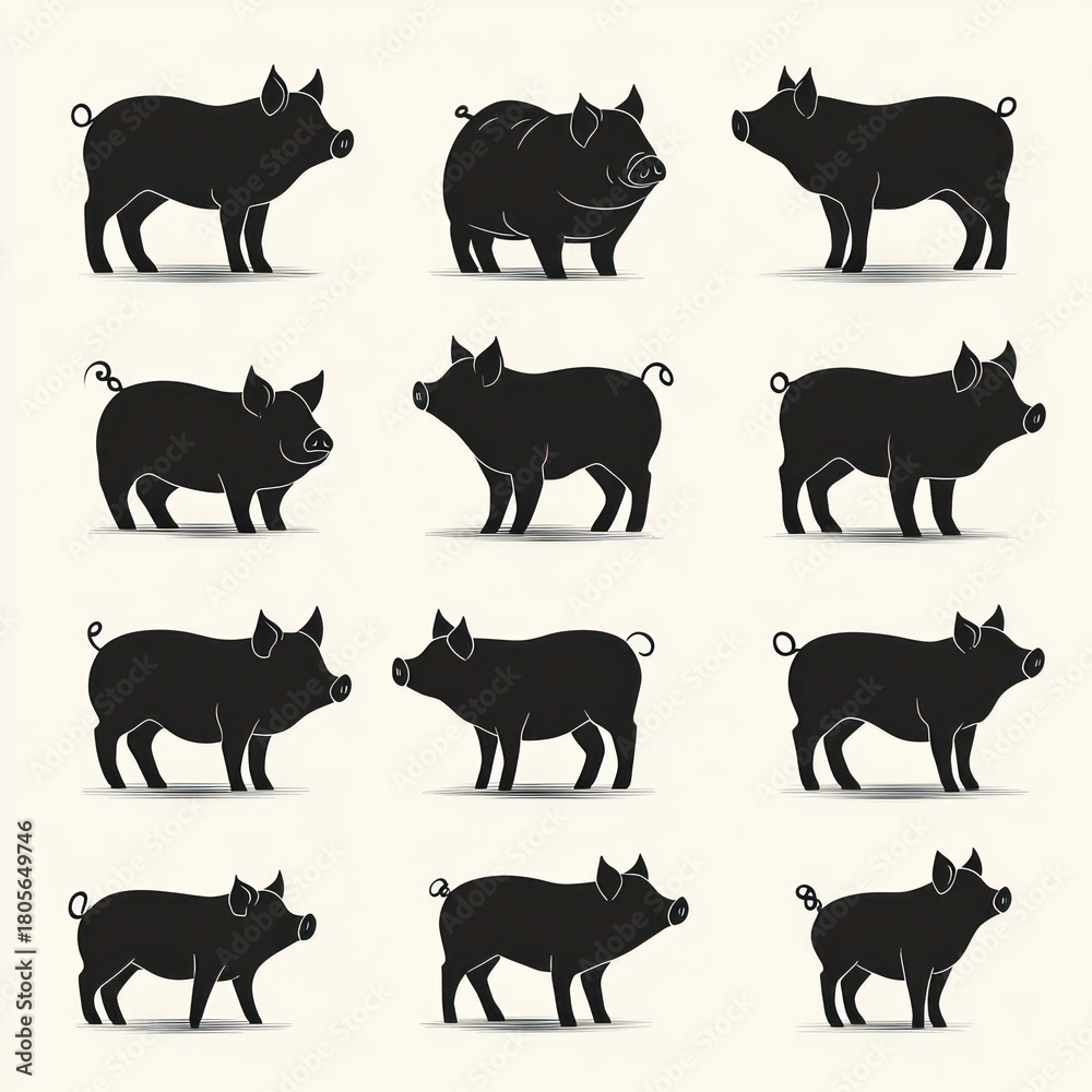 Fototapeta premium Twelve black pig silhouettes arranged in a three-by-four grid on a light background, playful charming retro farm animal illustration