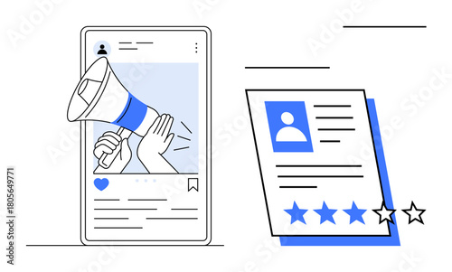 Megaphone in a social media post for communication and engagement, next to a customer review with star ratings. Ideal for marketing, advocacy, branding, feedback, outreach, influence transparency. A