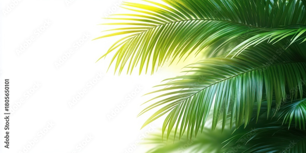 Fototapeta premium sunlit green palm leaves clustered in the corner against a bright white background, evoking tropical relaxation and fresh serenity