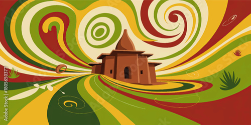 Colorful abstract temple landscape with swirling retro lines, psychedelic waves and vibrant green yellow red spiritual illustration