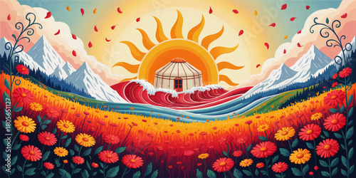 Surreal sunrise landscape with yurt, ocean waves, mountain peaks and vibrant wildflower meadow in colorful vector illustration