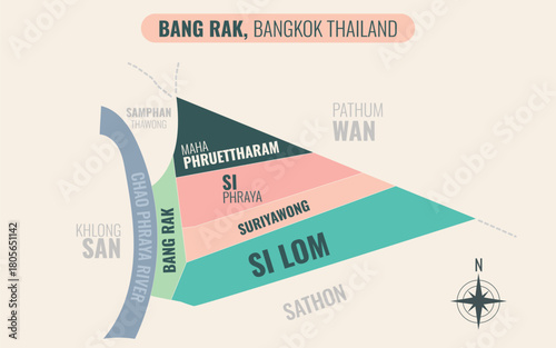 Map showing Bang Rak District Bangkok Thailand divided into sub-districts with minimalist colorful patterns