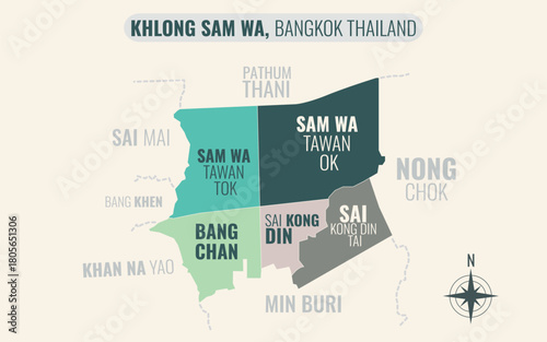 Map showing Khlong Sam Wa District Bangkok Thailand divided into sub-districts with minimalist colorful patterns