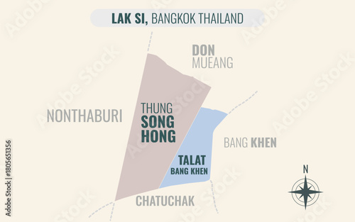 Map showing Lak Si District Bangkok Thailand divided into sub-districts with minimalist colorful patterns