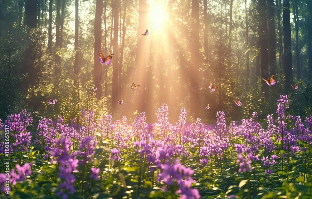 Naklejka premium Sunlit forest clearing with tall trees, a carpet of purple wildflowers and butterflies fluttering in warm golden morning rays, evoking a peaceful enchanted mood