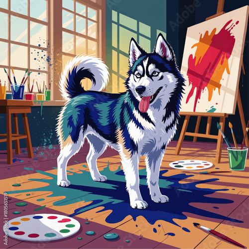 Playful husky dog in colorful art studio with paint splashes, creative pet illustration for kids, posters and advertising